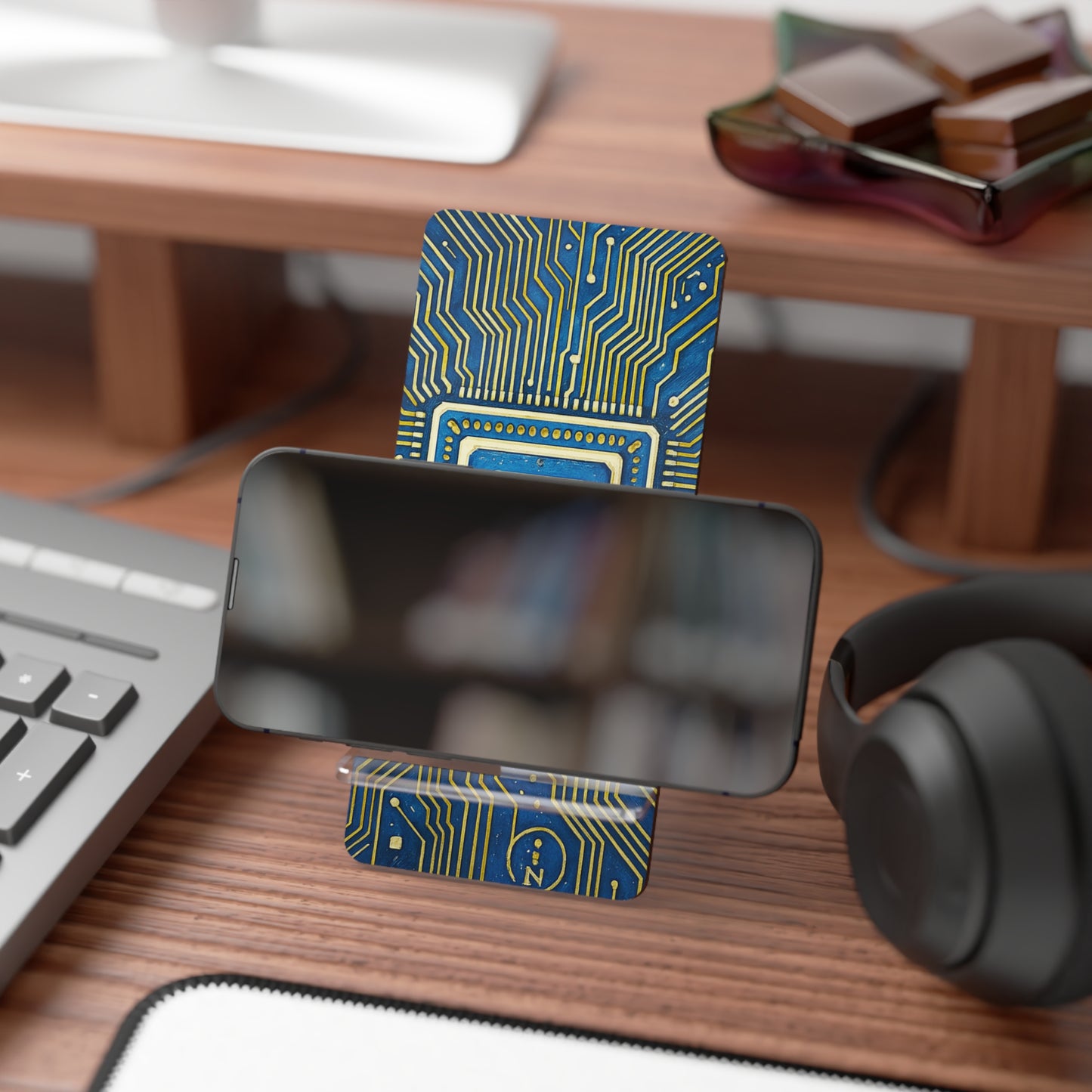 Abstract Tech Circuit Phone Display Stand – Modern Desk Decor