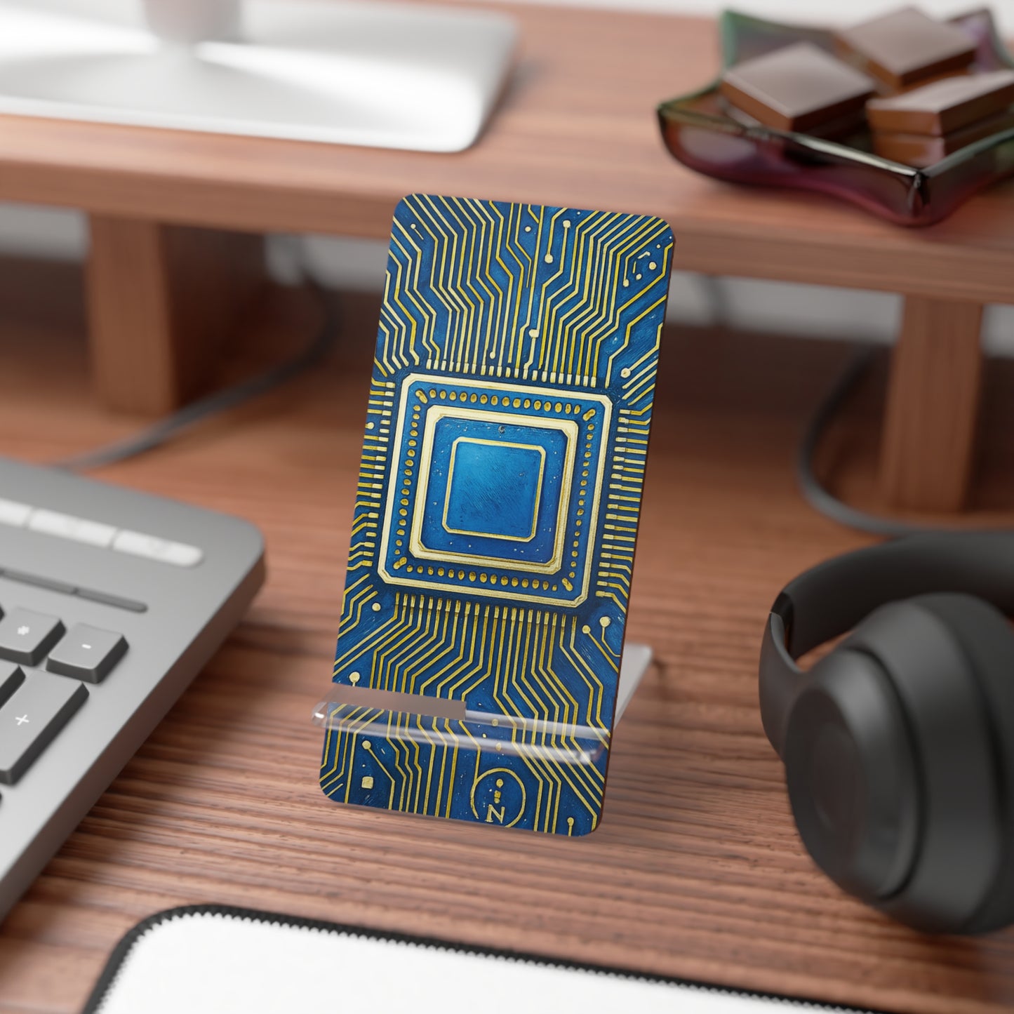 Abstract Tech Circuit Phone Display Stand – Modern Desk Decor