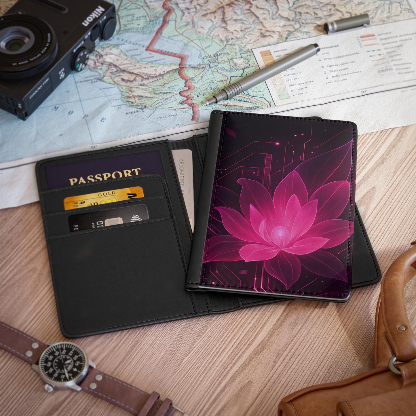 Futuristic Blossom Passport Cover, Travel Document Holder, Gift for Travelers, Unique Travel Accessory, Floral Design Passport Cover