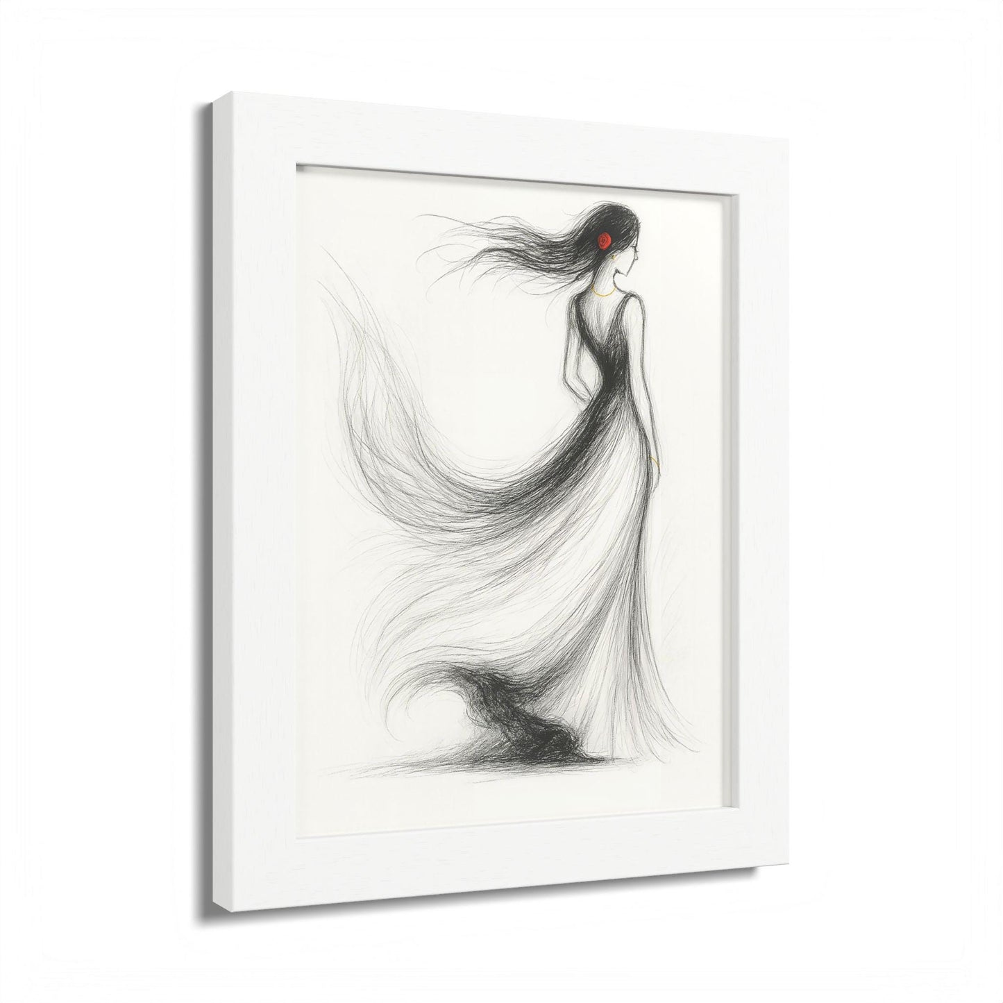 Fashion Wall Art Download | Elegant Woman Drawing with Flowing Dress | Modern Black & White Pencil Illustration with Red Rose Accent