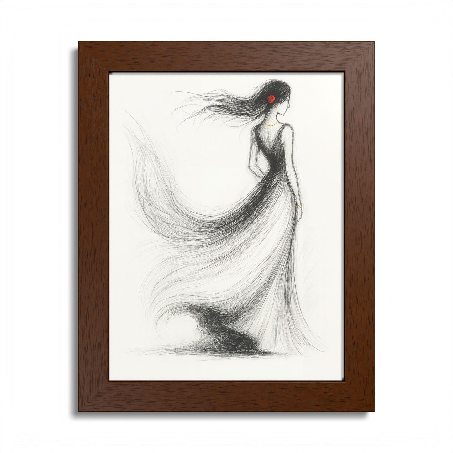 Fashion Wall Art Download | Elegant Woman Drawing with Flowing Dress | Modern Black & White Pencil Illustration with Red Rose Accent