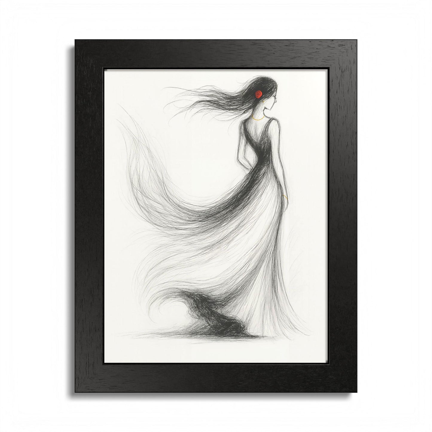 Fashion Wall Art Download | Elegant Woman Drawing with Flowing Dress | Modern Black & White Pencil Illustration with Red Rose Accent