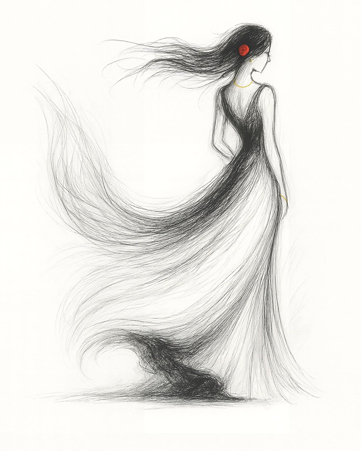 Fashion Wall Art Download | Elegant Woman Drawing with Flowing Dress | Modern Black & White Pencil Illustration with Red Rose Accent