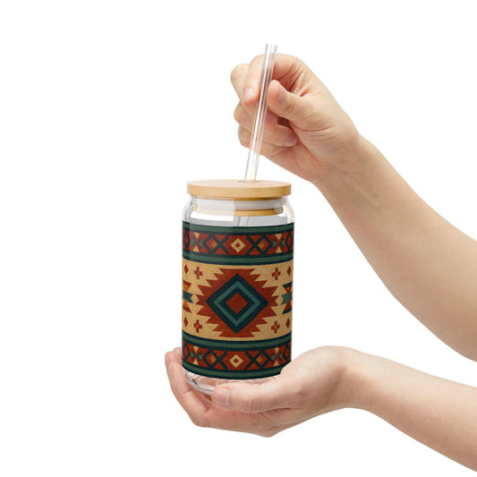 Exquisite Pattern Sipper Glass, 16oz, Rustic Drinkware, Eco-Friendly Glass Cup, Party Favor, Home Decor, Unique Gift, Summer Picnics