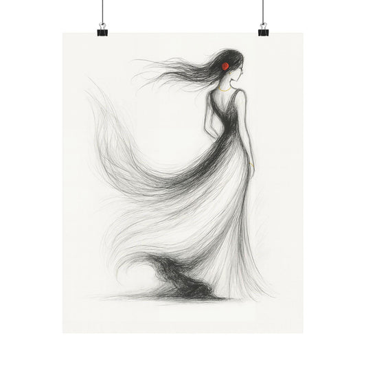Fashion Wall Art Download | Elegant Woman Drawing with Flowing Dress | Modern Black & White Pencil Illustration with Red Rose Accent