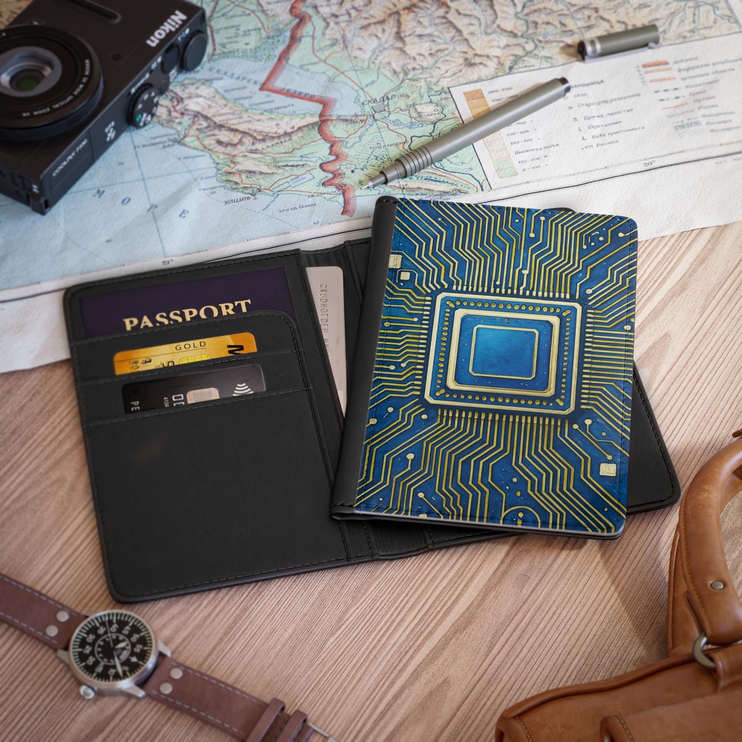 Tech-Inspired Passport Cover, Travel Wallet, Unique Gift for Travelers, Jet Setter Accessory, Computer Circuit Design