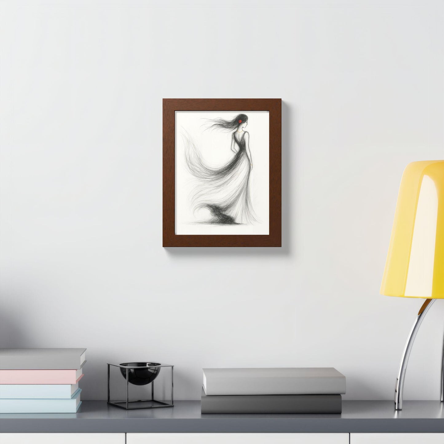 Fashion Wall Art Download | Elegant Woman Drawing with Flowing Dress | Modern Black & White Pencil Illustration with Red Rose Accent