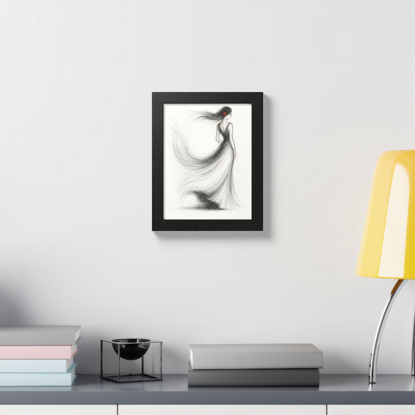 Fashion Wall Art Download | Elegant Woman Drawing with Flowing Dress | Modern Black & White Pencil Illustration with Red Rose Accent