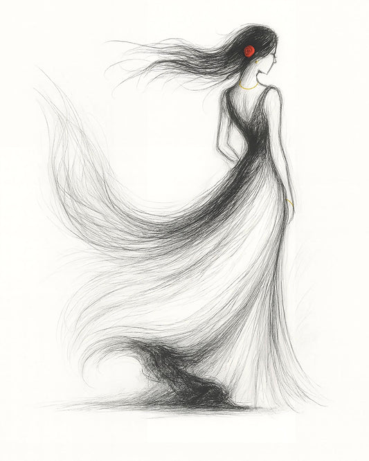 Fashion Wall Art Download | Elegant Woman Drawing with Flowing Dress | Modern Black & White Pencil Illustration with Red Rose Accent